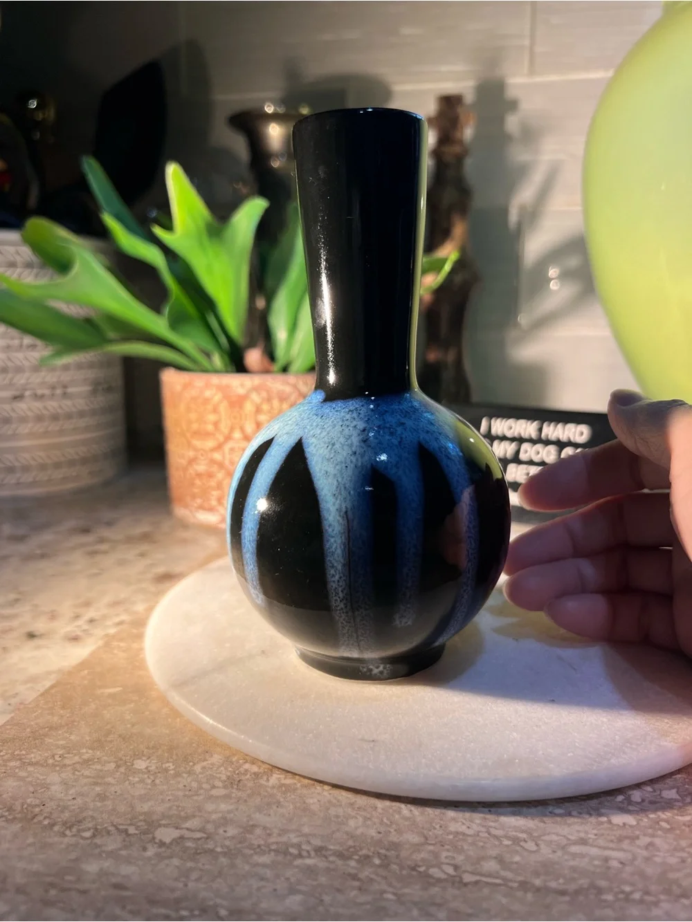 Vintage Handmade Blue and Black Ceramic Bud Vase - no cracks